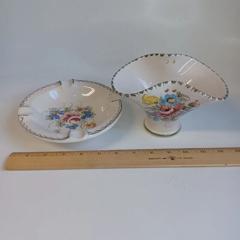 Vintage Ulmer Keramik Basket and Dish Hand Painted Floral Pottery Missing Handle